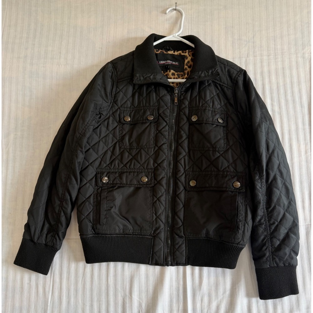 Urban Republic Women Black Quilted Bomber Jacket Leopard Print Lining Size L